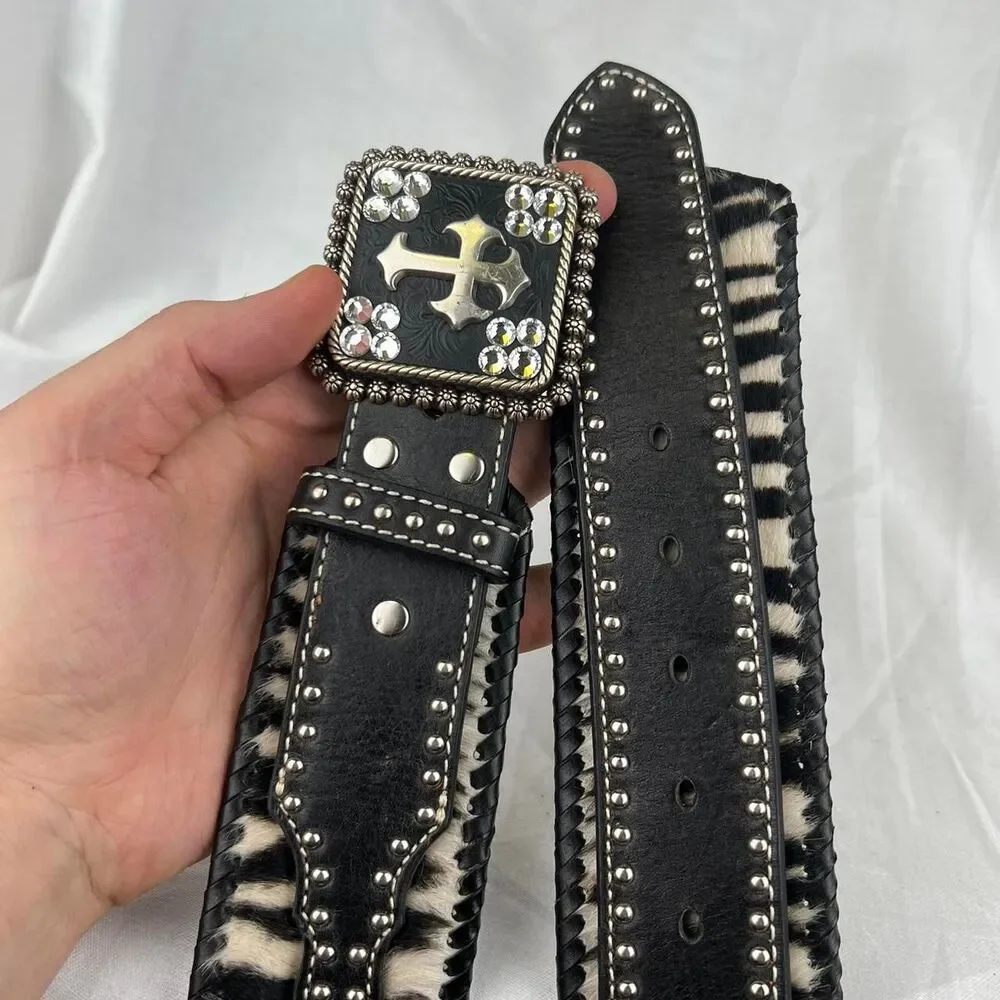 Nocona Wide Zebra Print Western Belt Black With Silver Studs